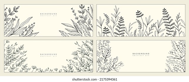 Set of botanical bakground, floral branch and leaves. Vintage foliage for wedding invitation, wall art or card template. Minimal line art drawing. Vector illustration