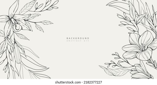 Set of botanical bakground, floral branch and leaves. Vintage foliage for wedding invitation, wall art or card template. Minimal line art drawing. Vector illustration