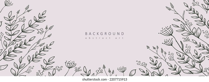 Set of botanical bakground, floral branch and leaves. Vintage foliage for wedding invitation, wall art or card template. Minimal line art drawing. Vector illustration