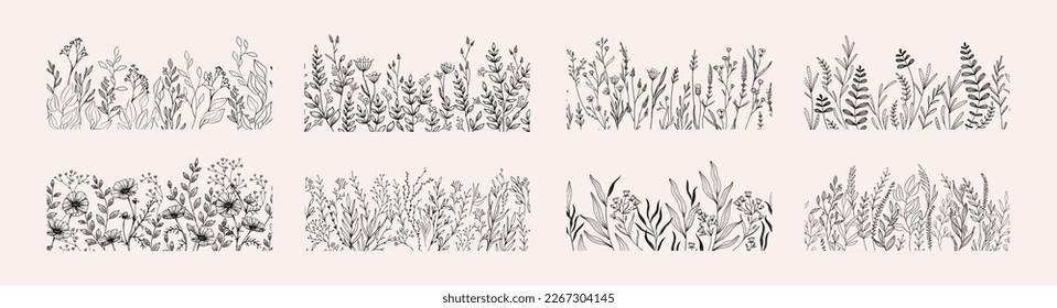 Set of botanical bakground, floral branch and leaves. Vintage foliage for wedding invitation, wall art or card template. Minimal line art drawing. Vector