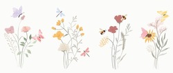 Set Of Botanical Bouquet Vector Element. Collection Of Dragonfly, Bee, Butterfly, Flowers, Wildflowers, Wild Grass. Watercolor Floral Illustration Design For Logo, Wedding, Invitation, Decor, Print