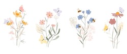 Set Of Botanical Bouquet Vector Element. Collection Of Butterfly, Bee, Flowers, Wildflowers, Leaves Branch. Watercolor Floral Illustration Design For Logo, Wedding, Invitation, Decor, Print.