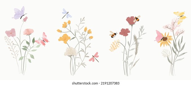 Set of botanical bouquet vector element. Collection of dragonfly, bee, butterfly, flowers, wildflowers, wild grass. Watercolor floral illustration design for logo, wedding, invitation, decor, print