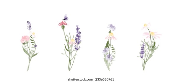 Set of botanical bouquet vector element. Collection of butterfly, flowers, wildflowers, leaves branch. Watercolor floral illustration design for logo, wedding, invitation, decor, print.