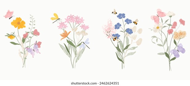 Conjunto de elemento de Vector de ramo botánico. Colección de libélula, abeja, mariposa, flores, flores silvestres, hierba silvestre. Diseño de la ilustración floral de la acuarela para el logotipo, boda, invitación, decoración, impresión.