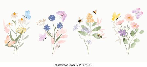 Set of botanical bouquet vector element. Collection of bee, butterfly, flowers, wildflowers, wild grass. Watercolor floral illustration design for logo, wedding, invitation, decor, print.