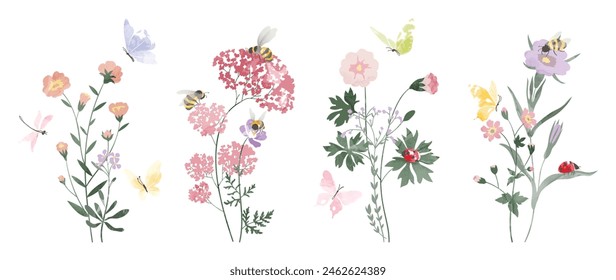 Set of botanical bouquet vector element. Collection of ladybug, bee, butterfly, flowers, wildflowers, wild grass. Watercolor floral illustration design for logo, wedding, invitation, decor, print.