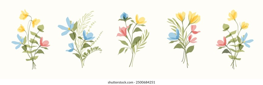 Set of botanical bouquet vector. Flat transparent colorful flowers, wildflowers, wild grass. Hand drawn floral illustration.