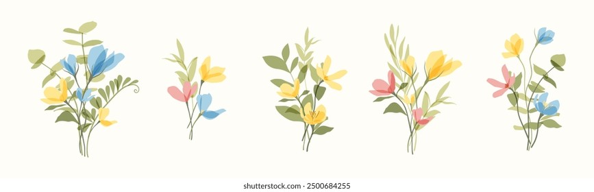 Set of botanical bouquet vector. Flat transparent colorful flowers, wildflowers, wild grass. Hand drawn floral illustration.