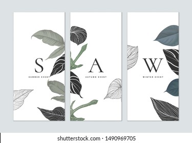 Set of botanical brochure cover template design, collage of various leaves on white