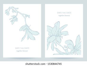Set of botanical brochure cover template design, magnolia flowers line art ink drawing.