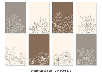 Set of botanical cards, posters. Linear flowers and plants in beige colors. Templates, vector