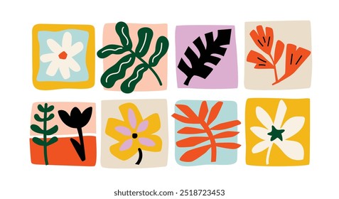 Conjunto de iconos coloridos botánicos, Formas abstractas Flores y hojas estilo plano