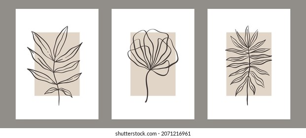 Set of Botanical contemporary wall art poster. Tropical Foliage line art drawing with abstract shape.Boho Abstract Plant Art design for print, cover, wallpaper,Mid century Minimal and natural wall art