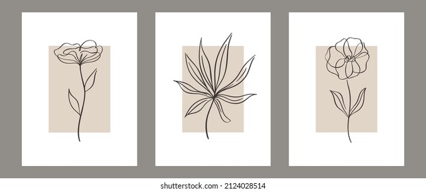 Set of Botanical contemporary wall art poster. Tropical Foliage line art drawing with abstract shape.Boho Abstract Plant Art design for print, cover, wallpaper,Mid century Minimal and natural wall art