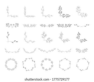 Set of botanical decorative design elements. Corners, wreaths, dividers for wedding page decoration. Vector isolated illustration.