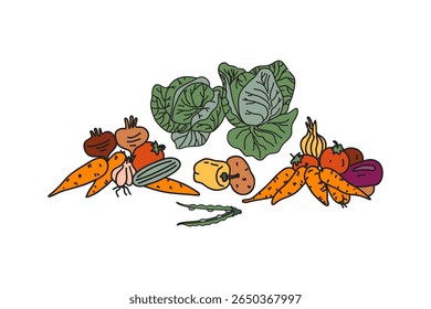 Set botanical decorative different vegetables isolated on white background. Hand drawn cartoon colorful veggies with Cabbage Carrot Peas Pepper Onion Tomato vector illustration Graphic design elements