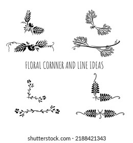 Set of botanical design elements. Frames, borders, wreaths, leaves, herbs. Modern wedding style. Vector isolated illustration.