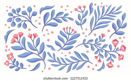 Conjunto de elementos botánicos digitales. Ilustración vectorial dibujada a mano con hojas y plantas.  Ornamentos florales para tarjeta, diseño de logotipo, moda de impresión.