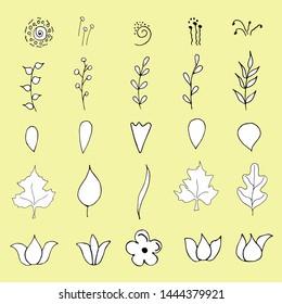 Set of botanical doodle to create your bouquet design. Vector hand drawing for easy creativity. Create a slider easily and simply color in the desired color.