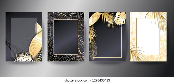 Set of botanical elegant brochure, card, background, cover. White and golden marble texture. Palm, exotic leaves. Set of botanical elegant brochure, card, background, cover. White and golden marble texture. Palm, exotic leaves.