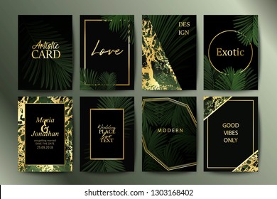 Set of botanical elegant brochure, card, background, cover, invitation.  Golden marble texture. Palm, exotic leaves. 