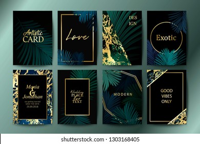 Set of botanical elegant brochure, card, background, cover, invitation.  Golden marble texture. Palm, exotic leaves. 