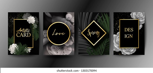 Set of botanical elegant brochure, card, background, cover, invitation.  Golden frame on black. Palm, exotic leaves, white spring flowers, cherry blossom. 
