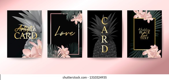 Set of botanical elegant brochure, card, background, cover, invitation.   Palm, exotic leaves, tropical pink flowers, pineapple. 