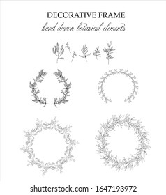set of botanical elements for design, leaf lineart for classic and romatic design, hand drawn vector collection