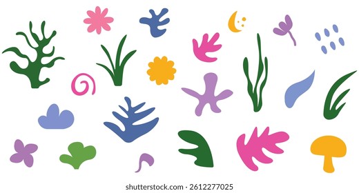 Set of botanical elements designs. Colorful spring flowers in the form of wildflowers, leaves and leaf branches isolated on white background. Vector illustration