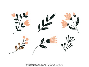 Set of botanical elements and flowers on a white background. Vector illustration for design, flat style.