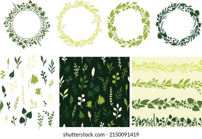 Set of botanical elements isolated on white background. Forest herbs, leaves, branches, spikelets are drawn by hand with ink. Vector natural silhouettes. Herbarium design for cosmetics, tea.