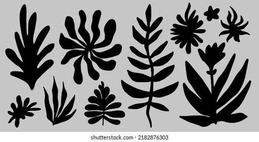 Set botanical elements for poster  cover  pattern design  Black flowers   leaves in Fauvism   Modernism art style 
