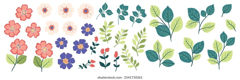 Set of botanical elements, simple hand drawn plants in cute naive cartoon style. Collection of isolated objects: flower buds, small flowers branches, leaves, green foliage. Floral vector illustration.