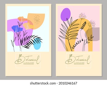 Set of botanical floral abstract background vector illustration.luxury pattern design with leaves and shapes line arts.