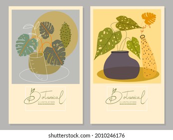 Set of botanical floral abstract background vector illustration.luxury pattern design with leaves and shapes line arts.