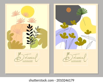 Set of botanical floral abstract background vector illustration.luxury pattern design with leaves and shapes line arts.
