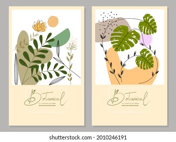 Set of botanical floral abstract background vector illustration.luxury pattern design with leaves and shapes line arts.