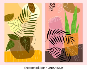 Set of botanical floral abstract background vector illustration.luxury pattern design with leaves and shapes line arts.