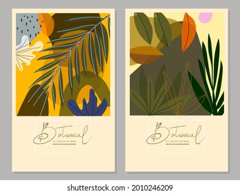 Set of botanical floral abstract background vector illustration.luxury pattern design with leaves and shapes line arts.