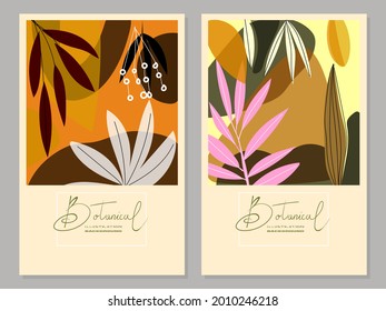 Set of botanical floral abstract background vector illustration.luxury pattern design with leaves and shapes line arts.