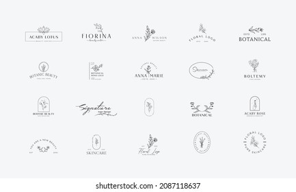 Set of Botanical Floral element Hand Drawn Logo with Wild Flower and Leaves. Logo for spa and beauty salon, boutique, organic shop, wedding, floral designer, interior, photography, cosmetic.