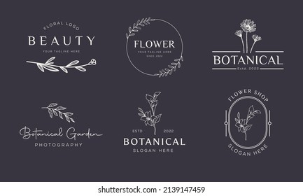 Set of Botanical Floral element Hand Drawn Logo with Wild Flower and Leaves. Logo for spa and beauty salon, boutique, organic shop, wedding, floral designer, interior, photography, cosmetic