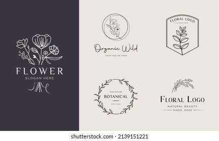 Set of Botanical Floral element Hand Drawn Logo with Wild Flower and Leaves. Logo for spa and beauty salon, boutique, organic shop, wedding, floral designer, interior, photography, cosmetic