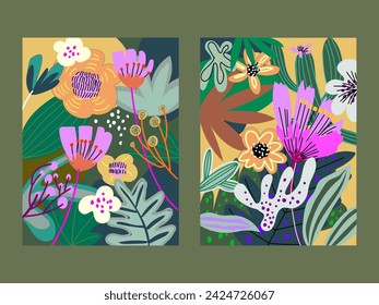 Set of botanical, floral, organic shapes, wall art, cards, brochure, flyer template, cover and print. Contemporary collage summer bright line abstract nature pattern.