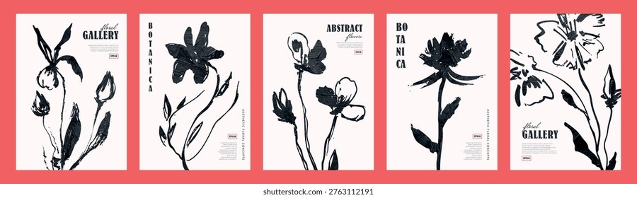 Set of botanical floral posters in sketch style with monochrome plant compositions for gallery wall decor, modern art prints, branding, invitations. Vector illustration