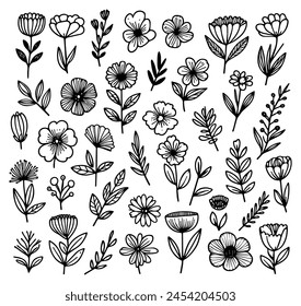 Set Of Botanical Flower Bliss In Hand Drawn Monochromatic Hand Drawn Style

