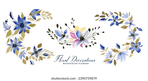 set of botanical flower and leaves background in watercolor style vector 