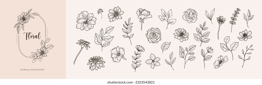 Set of botanical flowers and leaves black line art. Flowers and leaves greenery line art hand drawn sketch branches, twigs. Vector outline illustration for wedding invitation save the date card